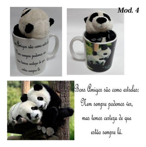 Ursinho Panda 15cm + Caneca Tema Bons Amigo Presente Festa