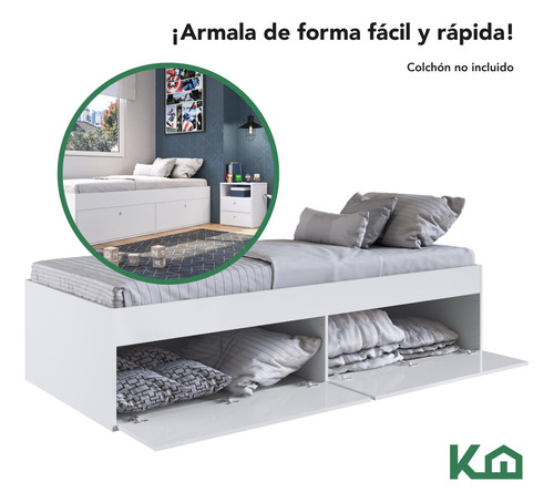 Base Cama Individual Con Cajones Kingshouse Recamara Color Blanco