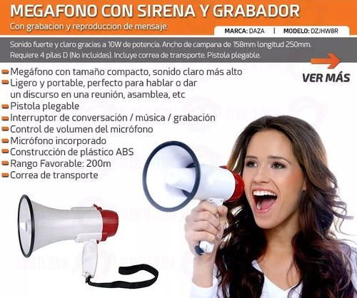 Imagen 3 de 5 de Megafono De Mano Amplificador Grabador Voz Musica 10w Jhw8r