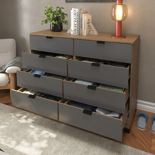 Cômoda Industrial 8 Gavetas P/ Quarto Casal Organizador De Roupas Cor: Cinza Com Madeirado E Design Moderno E Sofisticado Mod. Gk
