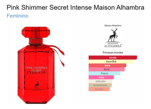 Perfume Arabe Maison Alhambra Pink Shimmer Secret Intense Edp Volume 100ml Feminino Envio Imediato