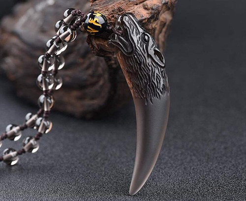 Pingente De Colar De Dente De Lobo De Obsidiana Genuína Natu