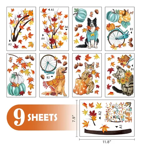 59pcs Ventosas De Otoño Ventanas 9 Hojas, Perros Y Gat...