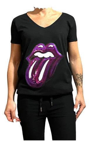 Remera Algodón Mujer Aplique Lentejuelas  Rolling Stones