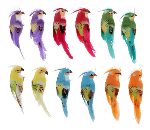 12 Piezas Loros Aves Artificiales De Plumas Pájaros De
