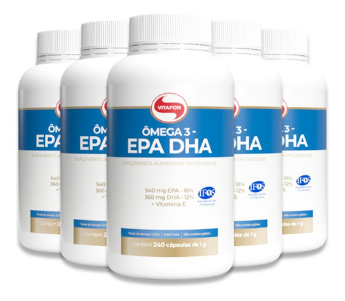 Kit 5 Ômega 3 Epa Dha 1g Vitafor 240 Cápsulas Sabor Sem Sabor