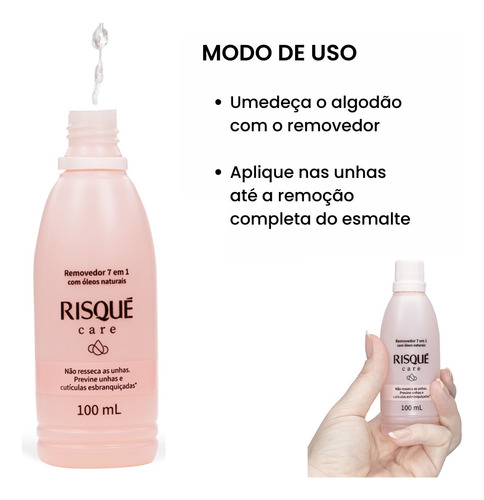 Kit 3 Removedor Esmalte Risqué Care 7 Em 1 Sem Acetona 100ml