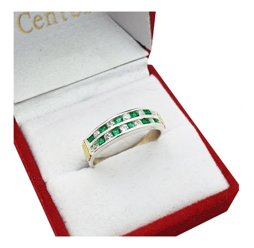 Anillo Cintillo Plata Y Oro 18kts Compromiso Amor Verde J2