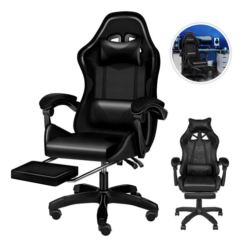 Silla Gamer De Escritorio Oficina Con Reposapies Muy Comoda Color Negro Material del tapizado Cuero sintético