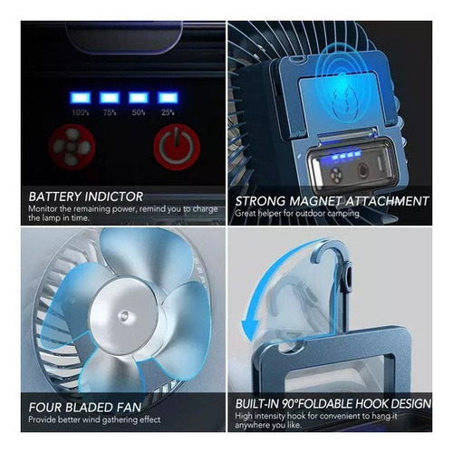 Ventilador Recargable Carpa De Viaje Linterna Led Portátil