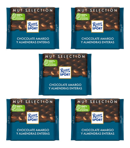 Chocolate Amargo Con Almendras Ritter Sport 5 Pzas 100g C/u