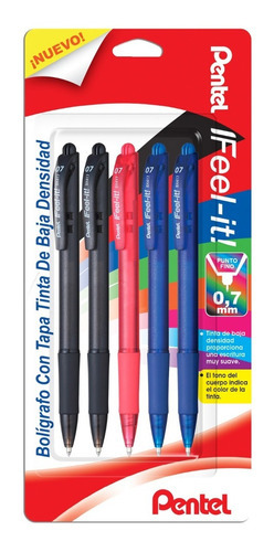 Bolígrafo Pluma Retráctil Pentel Feel-it Bx417bp5 0.7mm 5 Pz Color De La Tinta Negro/rojo/azul