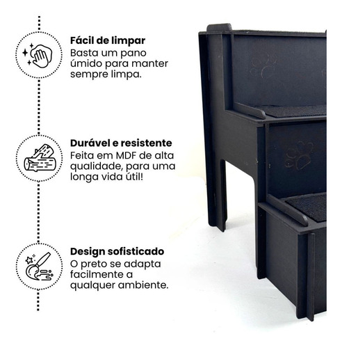 Escada Pet Cachorro Gato Escadinha Degraus P/ Cama Mdf 4mm Carpete Preto Cães E Gatos - Grupo Paraíso Mdf