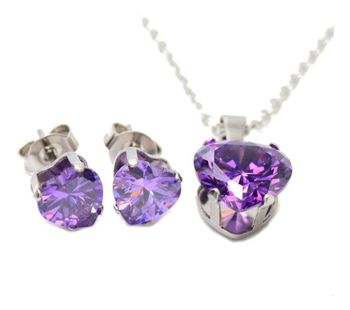 Imagen 1 de 5 de Kit De Cadena Dije Y Aretes En Forma De Corazon Morado