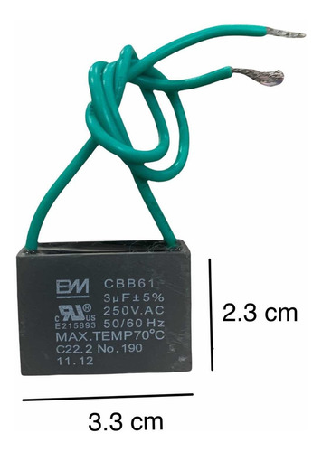 Imagen 2 de 8 de Capacitor Ventilador 3 Uf Mf 250v Con Cable Cuadrado Trabajo