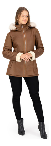 Chamarra Para Mujer Piel Sintertica, Gorro Y Peluche Sakers