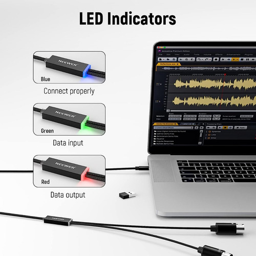 Imagen 4 de 9 de Cable Adaptador Neewer Midi Con Luces Indicadoras