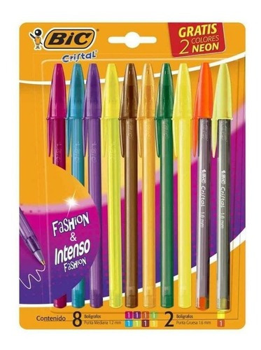 Imagen 1 de 1 de Boligrafo Bic Cristal Fashion Blister X 8 Colores + 2 Neon
