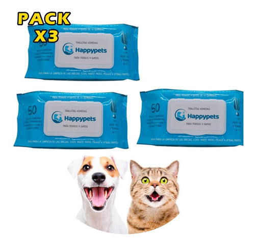 Pack X3 Toallas Humedas Perros Gatos Mascotas Aloe Vera 50