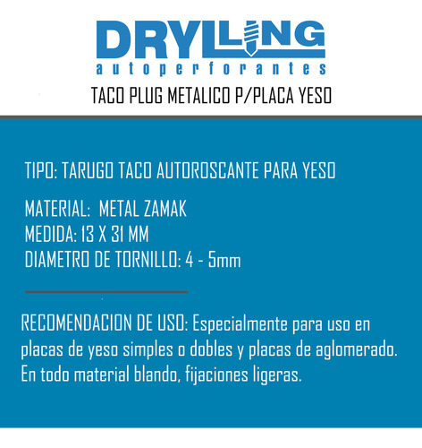Tarugo Metalico Tirafondo Autoroscante Drywall Bolsa X 25