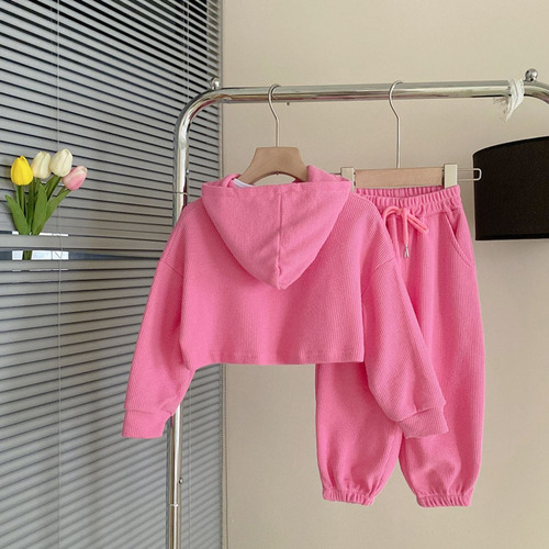 3pcs Conjunto Para Niña Con Capucha Y Estampado De Letras Rosa Chicle 18-24 M
