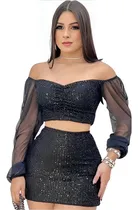 Comprar Conjunto Cropped Saia Short Feminino Paetê Moda Blogueirinha