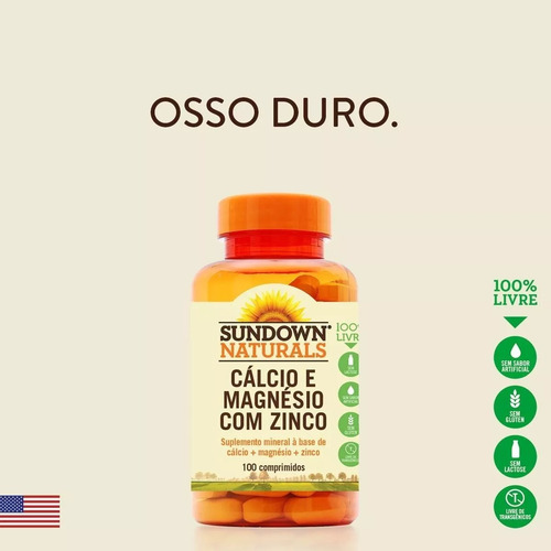 Suplemento Cálcio Magnésio E Zinco Sundown 100 Comprimidos Sem Sabor