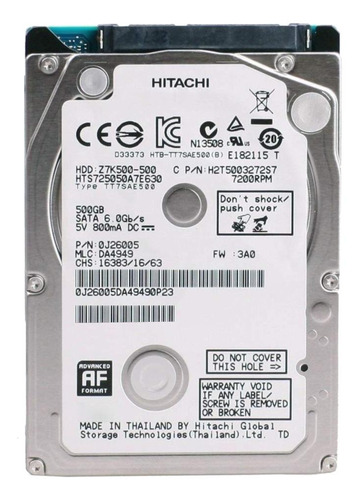 Disco rígido interno Hitachi Travelstar HTS725050A7E630 500GB