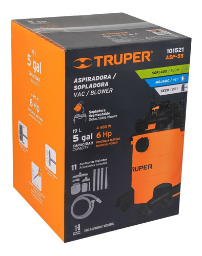 Imagen 2 de 2 de Aspiradora Truper ASP-5S 19L naranja y negra 127V 60Hz