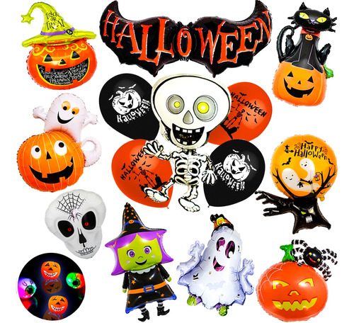 Set 20 Globo Halloween Calabaza Esqueleto Fantasma Araña Kit