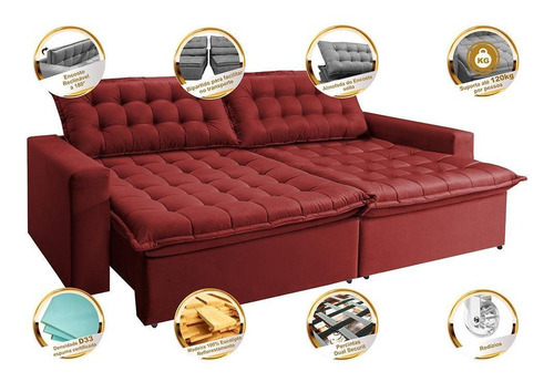 Sofá Retrátil Reclinável E Cama 2,35m Cama Inbox Flex. Suede Cor Vermelho Desenho Do Tecido Liso