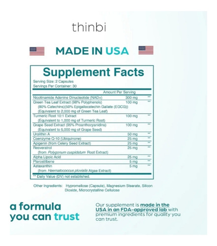 Nad+ Complex Resveratrol Com Urolitina A * Importado * Eua Coq10, Apigenin, Alpha Lipoic Acid, Grape Seed, Pterostilbene, Astaxanthin, Green Tea, & Turmeric