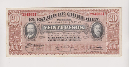 Billete Mexico Chihuahua 20 $ Año 1915 Excelente +