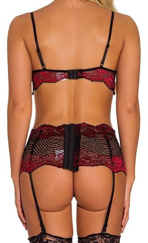 Conjunto De Lencería Sexy De Tres Piezas Para Mujer De Encaj
