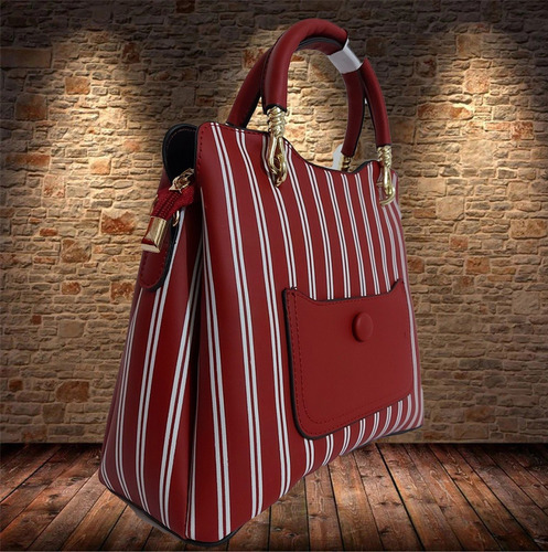 Imagen 5 de 7 de Bonita Bolsa De Mano Para Dama En Rojo Con Franjas Blancas