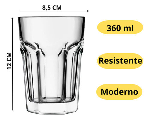 Copo De Vidro 360ml Transparente Resistente Jogo 6 Unidades