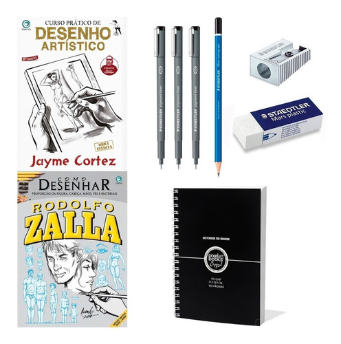 Kit Desenho Staedtler 6 Peças + 2 Livros Desenho + Bloco