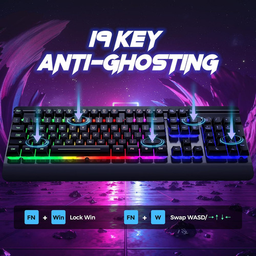 Teclado Numérico Español Latinoamérica Qwerty Ergonómico Gamer Rgb, Para Juegos & Oficina, Retroiluminado Luz, Con Cable, Panel Trasero De Metal, Iluminación Rainbow, Para Pc Windows 7, 8, 10 & Mac Os