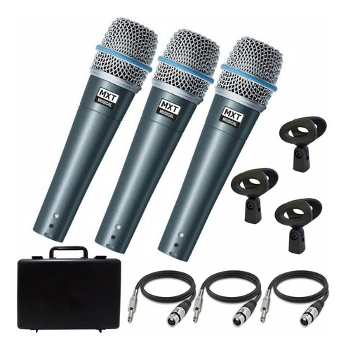 Kit 3 Microfone Dinamico Mxt Btm 57a + Cabos E Cachimbo Cor Cinza