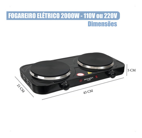 Fogão Cooktop Elétrico Panda Fogareiro Portátil Panda Plus 2 Bocas Preto - 2000w
