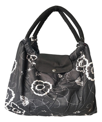 Bolso Cartera Mujer Negro Estampado Flores C/botón  9761 