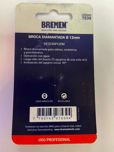 Imagen 2 de 2 de Mecha Broca Diamantada 12mm Bremen 7539 X 2 Uni Porcelanato