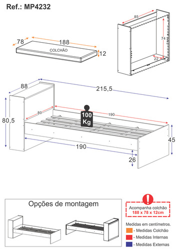 Cama de Solteiro com Colchão Incluso e Baú Embutido Multimóveis MP4232 Branco