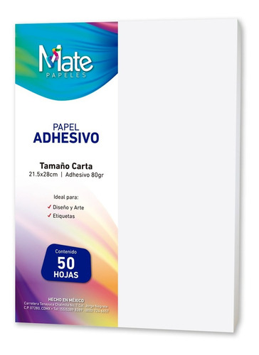 Mate | Papel Adhesivo 80 G | Tamaño Carta | 50 Hojas Color Blanco