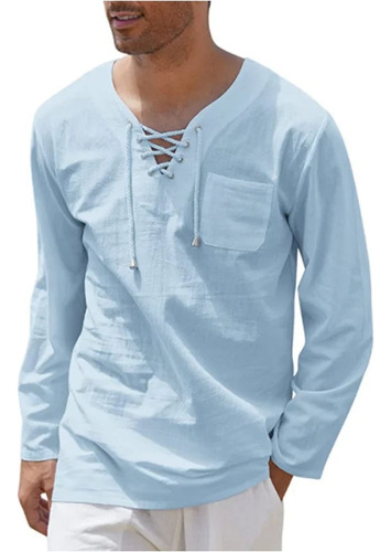 Camisa De Algodón Y Lino Con Cordones En V, Blusa Casual Par
