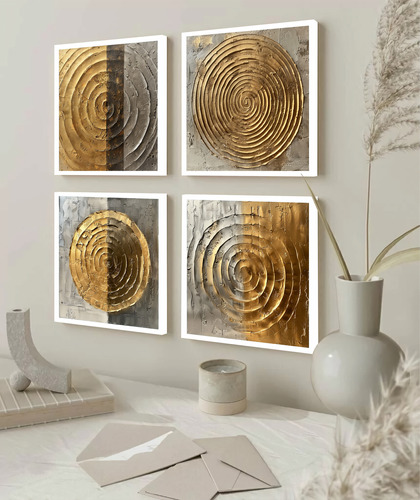 Kit 4 Quadros Decorativos Abstrato Dourado Formas Moldura