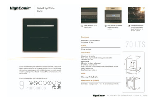 Horno Empotrable Eléctrico - 70 Litros - 60 Cm De Ancho