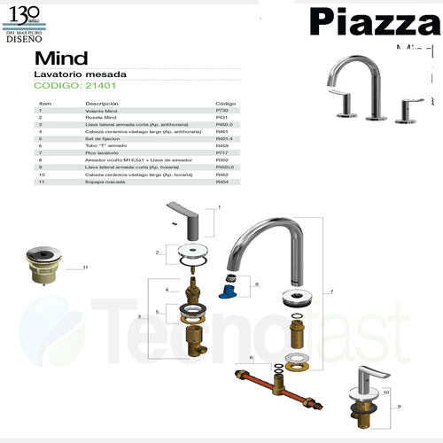 Griferia Baño Bacha Lavatorio Piazza Mind 21401 Cromo Metal