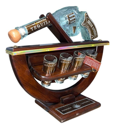 Pistola 400ml Cantina Con 4 Tequileros 60ml Con Madera Agua