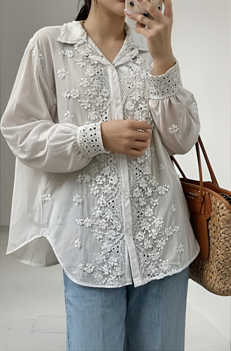 Camisa Importada Matilda Brodery Y Flores Aplicadas De Mujer